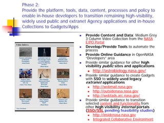 Phase 2:
Provide the platform, tools, data, content, processes and policy to
enable in-house developers to transition remaining high-visibility,
widely used public and extranet Agency applications and in-house
Collections to Gadgets/Apps
                                Provide Content and Data: Medium Grey
                                3 Column Video Collection from the NASA
                                E/PO Portal
                                Develop/Provide Tools to automate the
                                process
                                Provide Online Guidance in OpenNASA
                                “Developers” area
                                Provide similar guidance for other high
                                visibility public sites and applications
                                    http://astrobiology.nasa.gov/
                                Provide similar guidance to create Gadgets
                                with SSO to widely used legacy
                                extranet applications
                                     http://webmail.nasa.gov
                                     http://outsidenasa.nasa.gov
                                     http://webtads.arc.nasa.gov/
                                Provide similar guidance to transition
                                selected content and functionality from
                                other high visibility internal portals
                                (SSO/SSL pending feasibility studies)
                                     http://insidenasa.nasa.gov
                                     Integrated Collaborative Environment
 