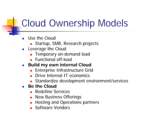 Cloud Ownership Models
 Use the Cloud
    Startup, SMB, Research projects
 Leverage the Cloud
    Temporary on-demand load
    Functional off-load
 Build my own internal Cloud
    Enterprise Infrastructure Grid
    Drive Internal IT economics
    Standardize development environment/services
 Be the Cloud
    Redefine Services
    New Business Offerings
    Hosting and Operations partners
    Software Vendors
 