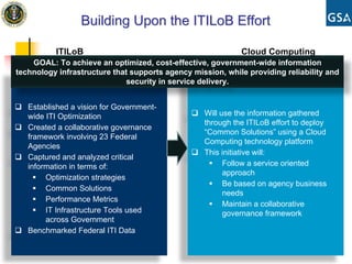 Building Upon the ITILoB Effort

          ITILoB                                            Cloud Computing
    GOAL: To achieve an optimized, cost-effective, government-wide information
technology infrastructure that supports agency mission, while providing reliability and
                              security in service delivery.


   Established a vision for Government-
   wide ITI Optimization                          Will use the information gathered
                                                  through the ITILoB effort to deploy
   Created a collaborative governance
                                                  “Common Solutions” using a Cloud
   framework involving 23 Federal
                                                  Computing technology platform
   Agencies
                                                  This initiative will:
   Captured and analyzed critical
   information in terms of:                             Follow a service oriented
                                                        approach
        Optimization strategies
                                                        Be based on agency business
        Common Solutions
                                                        needs
        Performance Metrics
                                                        Maintain a collaborative
        IT Infrastructure Tools used                    governance framework
        across Government
   Benchmarked Federal ITI Data
 
