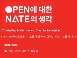 CC Asia Pacific Commons - Open for Innovation 비즈니스에서의 오픈  -  오픈과 공유의 경제 ,  비즈니스를 만나다 2010.06.04 SK  커뮤니케이션즈  /  김영을 
