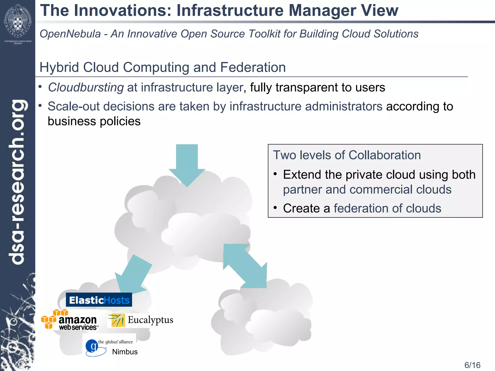 The Innovations: Infrastructure Manager View OpenNebula - An Innovative Open Source Toolkit for Building Cloud Solutions Hybrid Cloud Computing and Federation Cloudbursting  at infrastructure layer , fully transparent to users Scale-out decisions are taken by infrastructure administrators  according to business policies Two levels of Collaboration Extend the private cloud using both  partner and commercial clouds Create a  federation of clouds Nimbus 