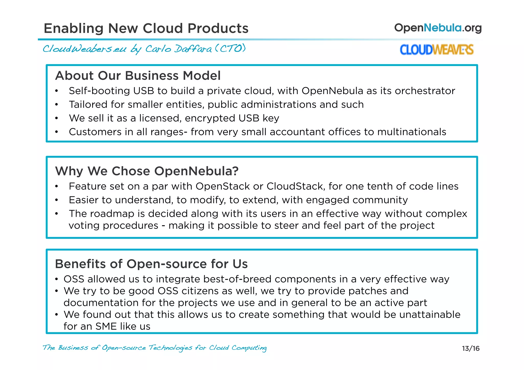 13/16The Business of Open-source Technologies for Cloud Computing
About Our Business Model
•  Self-booting USB to build a private cloud, with OpenNebula as its orchestrator
•  Tailored for smaller entities, public administrations and such
•  We sell it as a licensed, encrypted USB key
•  Customers in all ranges- from very small accountant oﬃces to multinationals
Why We Chose OpenNebula?
•  Feature set on a par with OpenStack or CloudStack, for one tenth of code lines
•  Easier to understand, to modify, to extend, with engaged community
•  The roadmap is decided along with its users in an eﬀective way without complex
voting procedures - making it possible to steer and feel part of the project
Beneﬁts of Open-source for Us
•  OSS allowed us to integrate best-of-breed components in a very eﬀective way
•  We try to be good OSS citizens as well, we try to provide patches and
documentation for the projects we use and in general to be an active part
•  We found out that this allows us to create something that would be unattainable
for an SME like us
CloudWeabers.eu by Carlo Daffara (CTO) !
Enabling New Cloud Products
 