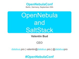 OpenNebula
and
SaltStack
Valentin Bud
CEO
databus.pro | valentin@databus.pro | @databuspro
OpenNebulaConf
Berlin, Germany, September 25th
#OpenNebulaConf
 