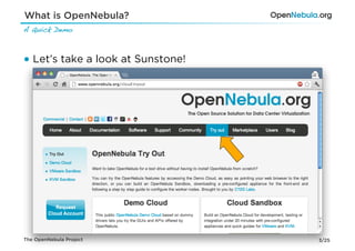 What is OpenNebula?
A Quick Demo!



●  Let’s take a look at Sunstone!




The OpenNebula Project              3/25
 