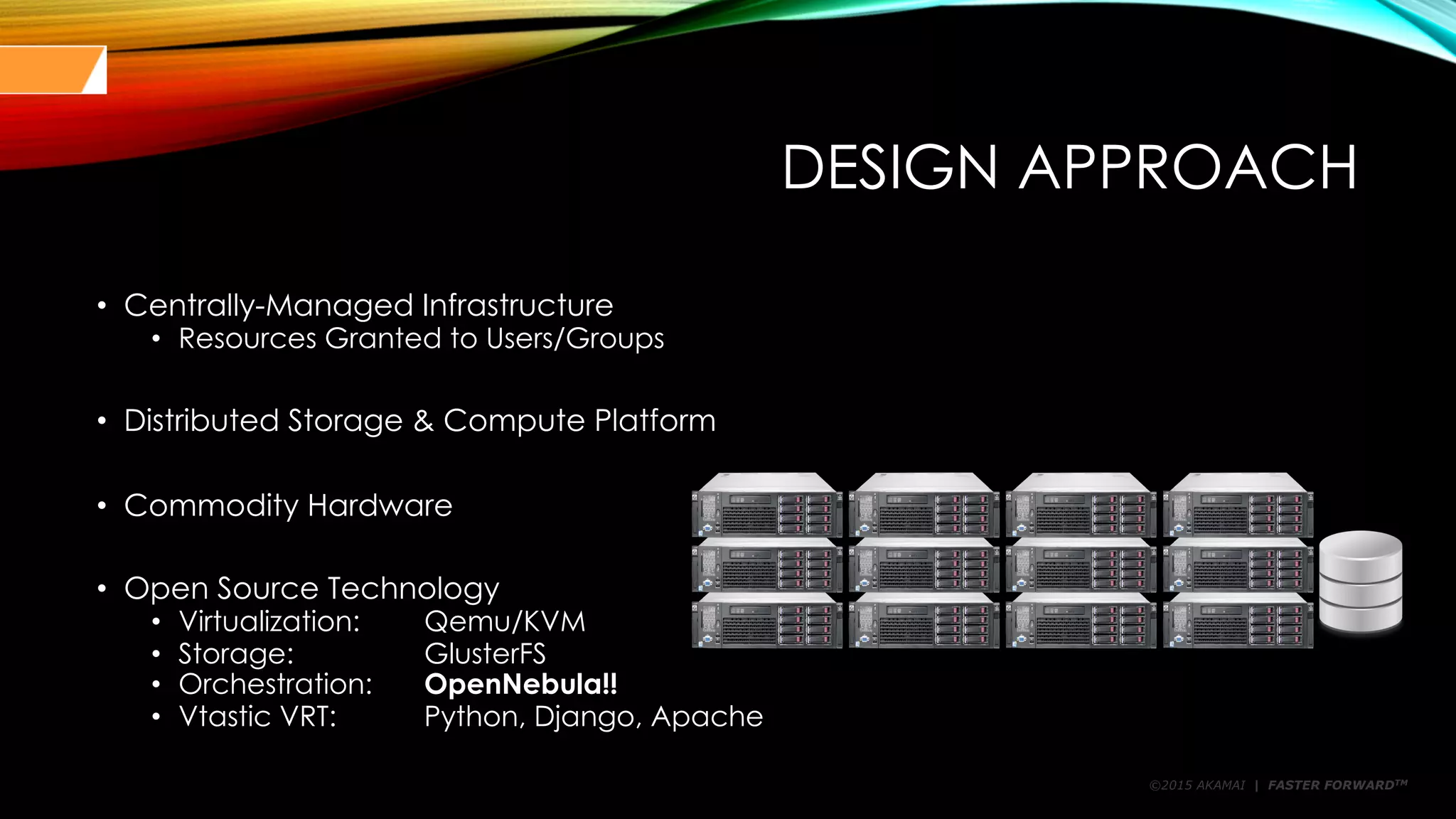 ©2015 AKAMAI | FASTER FORWARDTM
DESIGN APPROACH
• Centrally-Managed Infrastructure
• Resources Granted to Users/Groups
• Distributed Storage & Compute Platform
• Commodity Hardware
• Open Source Technology
• Virtualization: Qemu/KVM
• Storage: GlusterFS
• Orchestration: OpenNebula!!
• Vtastic VRT: Python, Django, Apache
 