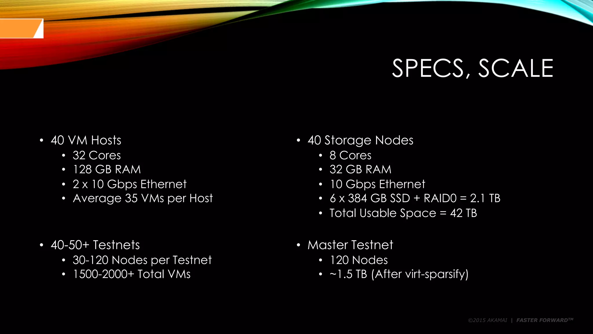 ©2015 AKAMAI | FASTER FORWARDTM
SPECS, SCALE
• 40 VM Hosts
• 32 Cores
• 128 GB RAM
• 2 x 10 Gbps Ethernet
• Average 35 VMs per Host
• 40-50+ Testnets
• 30-120 Nodes per Testnet
• 1500-2000+ Total VMs
• 40 Storage Nodes
• 8 Cores
• 32 GB RAM
• 10 Gbps Ethernet
• 6 x 384 GB SSD + RAID0 = 2.1 TB
• Total Usable Space = 42 TB
• Master Testnet
• 120 Nodes
• ~1.5 TB (After virt-sparsify)
 