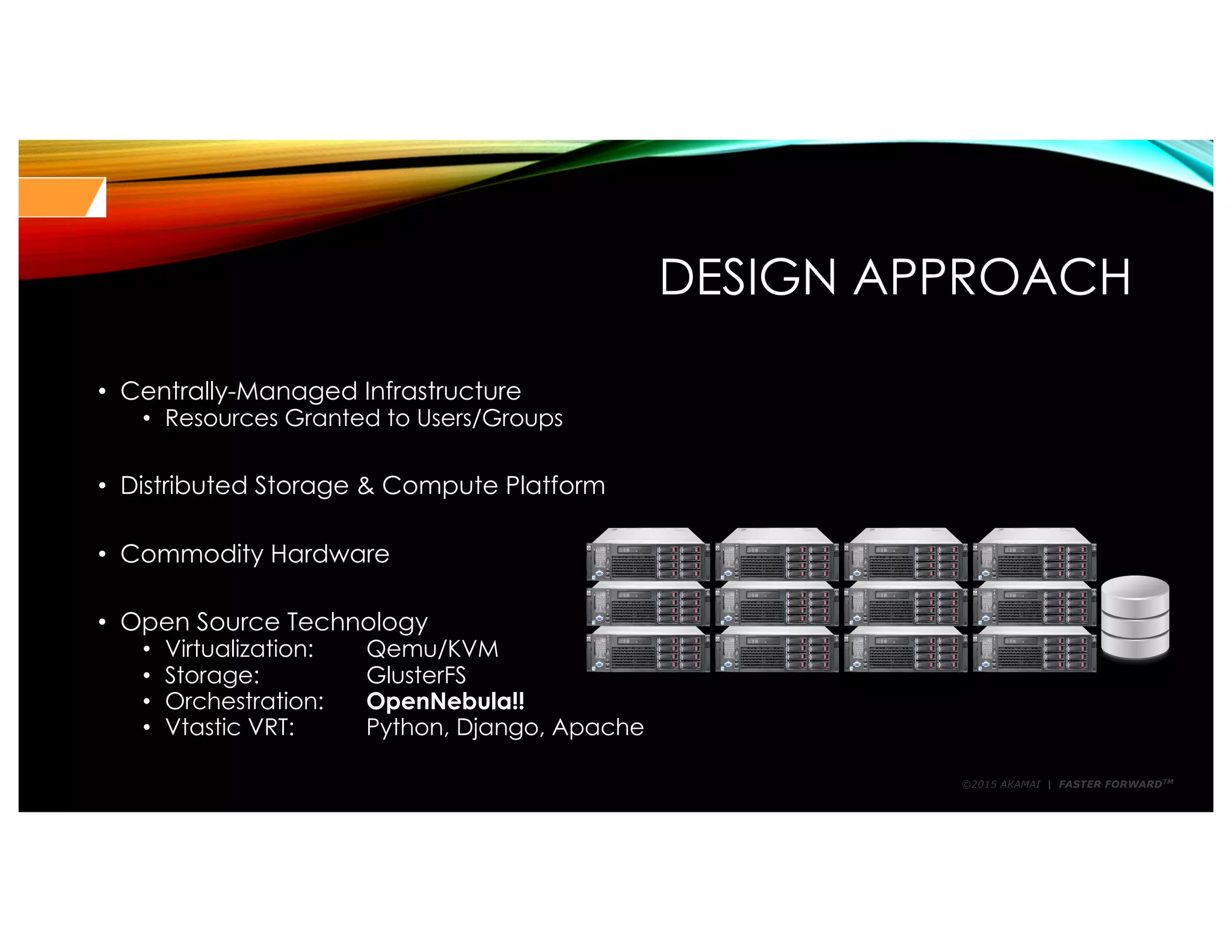 ©2015 AKAMAI | FASTER FORWARDTM
DESIGN APPROACH
• Centrally-Managed Infrastructure
• Resources Granted to Users/Groups
• Distributed Storage & Compute Platform
• Commodity Hardware
• Open Source Technology
• Virtualization: Qemu/KVM
• Storage: GlusterFS
• Orchestration: OpenNebula!!
• Vtastic VRT: Python, Django, Apache
 