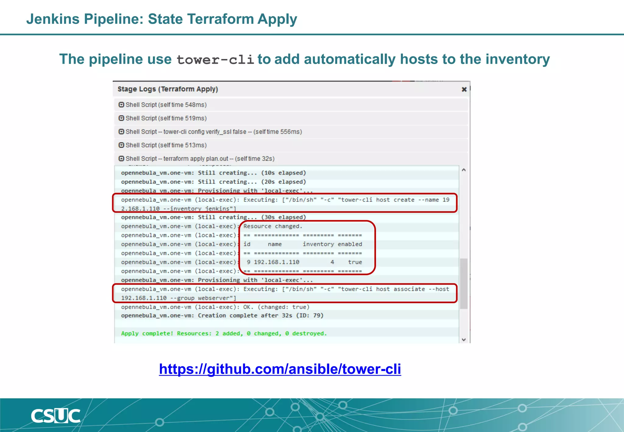 Jenkins Pipeline: State Terraform Apply
The pipeline use tower-cli to add automatically hosts to the inventory
https://github.com/ansible/tower-cli
 