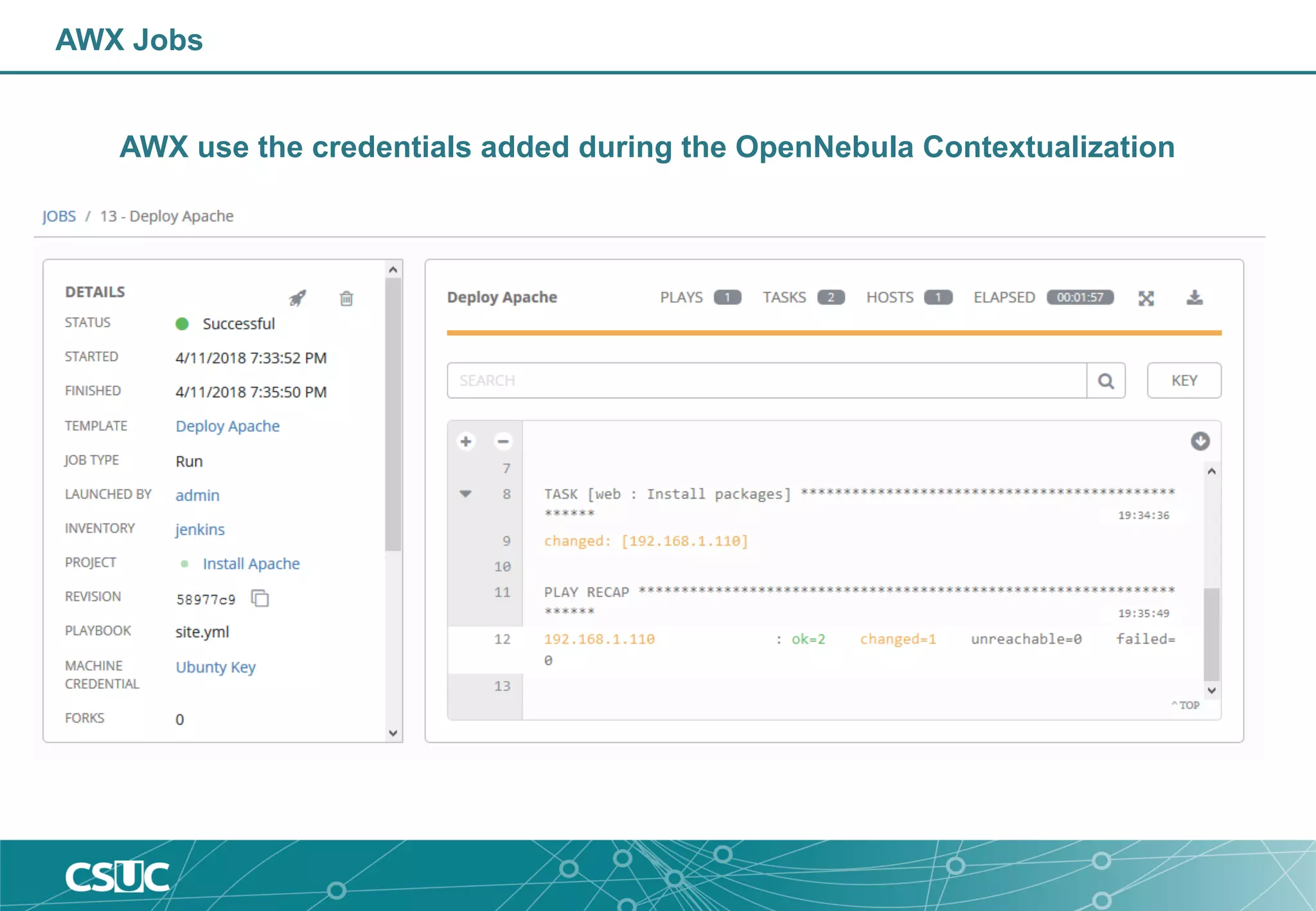 AWX Jobs
AWX use the credentials added during the OpenNebula Contextualization
 