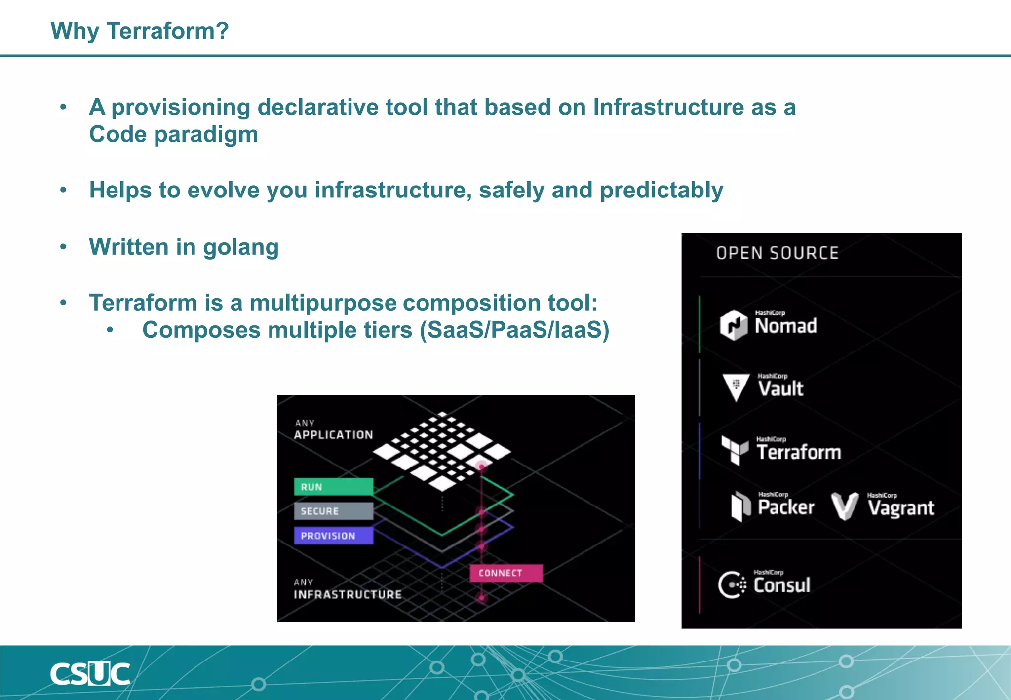 Why Terraform?
• A provisioning declarative tool that based on Infrastructure as a
Code paradigm
• Helps to evolve you infrastructure, safely and predictably
• Written in golang
• Terraform is a multipurpose composition tool:
• Composes multiple tiers (SaaS/PaaS/IaaS)
 