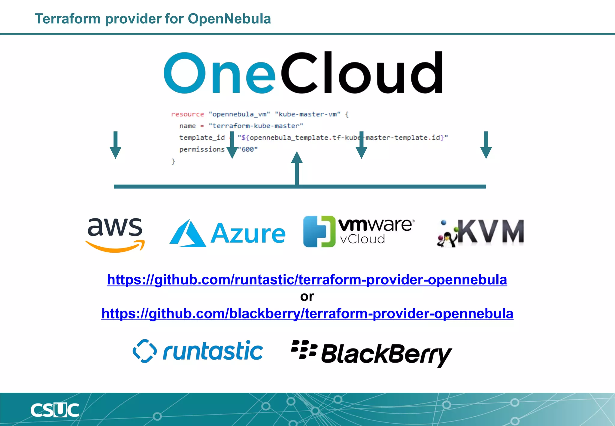 Terraform provider for OpenNebula
https://github.com/runtastic/terraform-provider-opennebula
or
https://github.com/blackberry/terraform-provider-opennebula
 