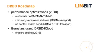31
DRBD Roadmap
• performance optimizations (2018)
• meta-data on PMEM/NVDIMMS
• zero copy receive on diskless (RDMA-transport)
• no context switch send (RDMA & TCP transport)
• Eurostars grant: DRBD4Cloud
• erasure coding (2019)
 