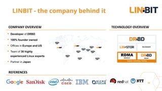 31
COMPANY OVERVIEW
REFERENCES
• Developer of DRBD
• 100% founder owned
• Offices in Europe and US
• Team of 30 highly
experienced Linux experts
• Partner in Japan
TECHNOLOGY OVERVIEW
LINBIT - the company behind it
 