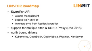 31
LINSTOR Roadmap
• Swordfish API
• volume management
• access via NVMe-oF
• inventory sync from Redfish/Swordfish
• support for multiple sites & DRBD-Proxy (Dec 2018)
• north bound drivers
• Kubernetes, OpenStack, OpenNebula, Proxmox, XenServer
 