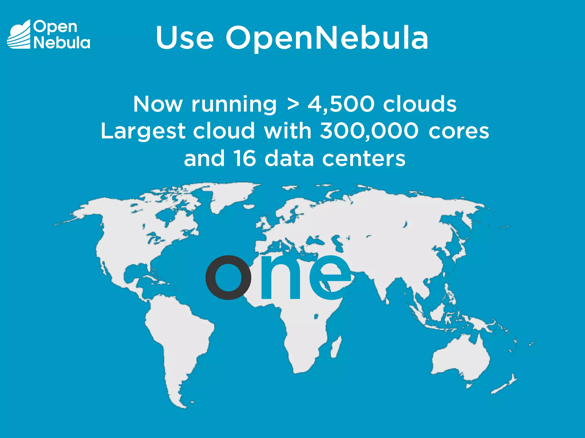 Use OpenNebula
one
Now running > 4,500 clouds
Largest cloud with 300,000 cores
and 16 data centers
 