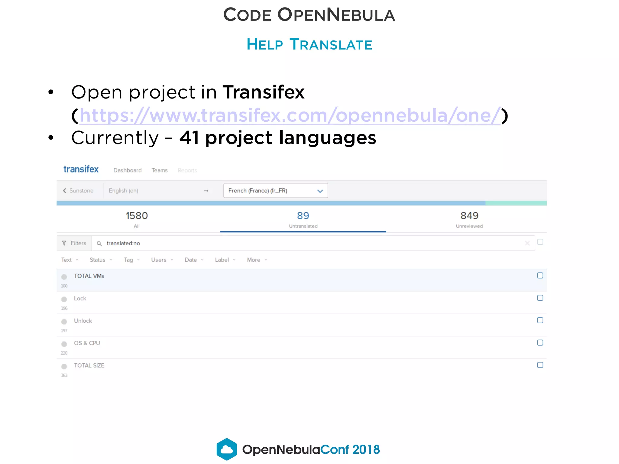 CODE OPENNEBULA
HELP TRANSLATE
• Open project in Transifex
(https://www.transifex.com/opennebula/one/)
• Currently – 41 project languages
 