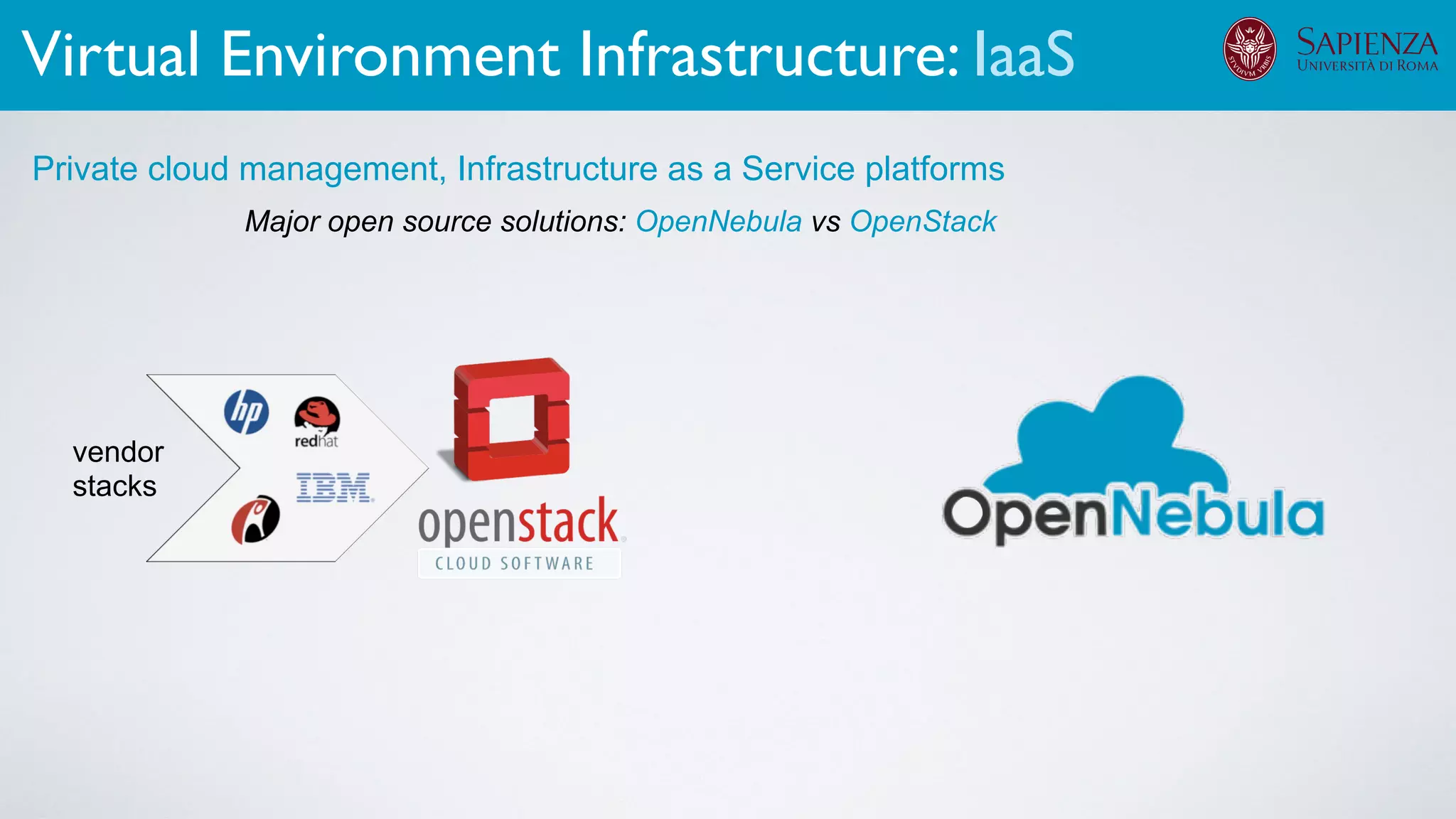 Major open source solutions: OpenNebula vs OpenStack
Private cloud management, Infrastructure as a Service platforms
vendor
stacks
Virtual Environment Infrastructure: IaaS
 