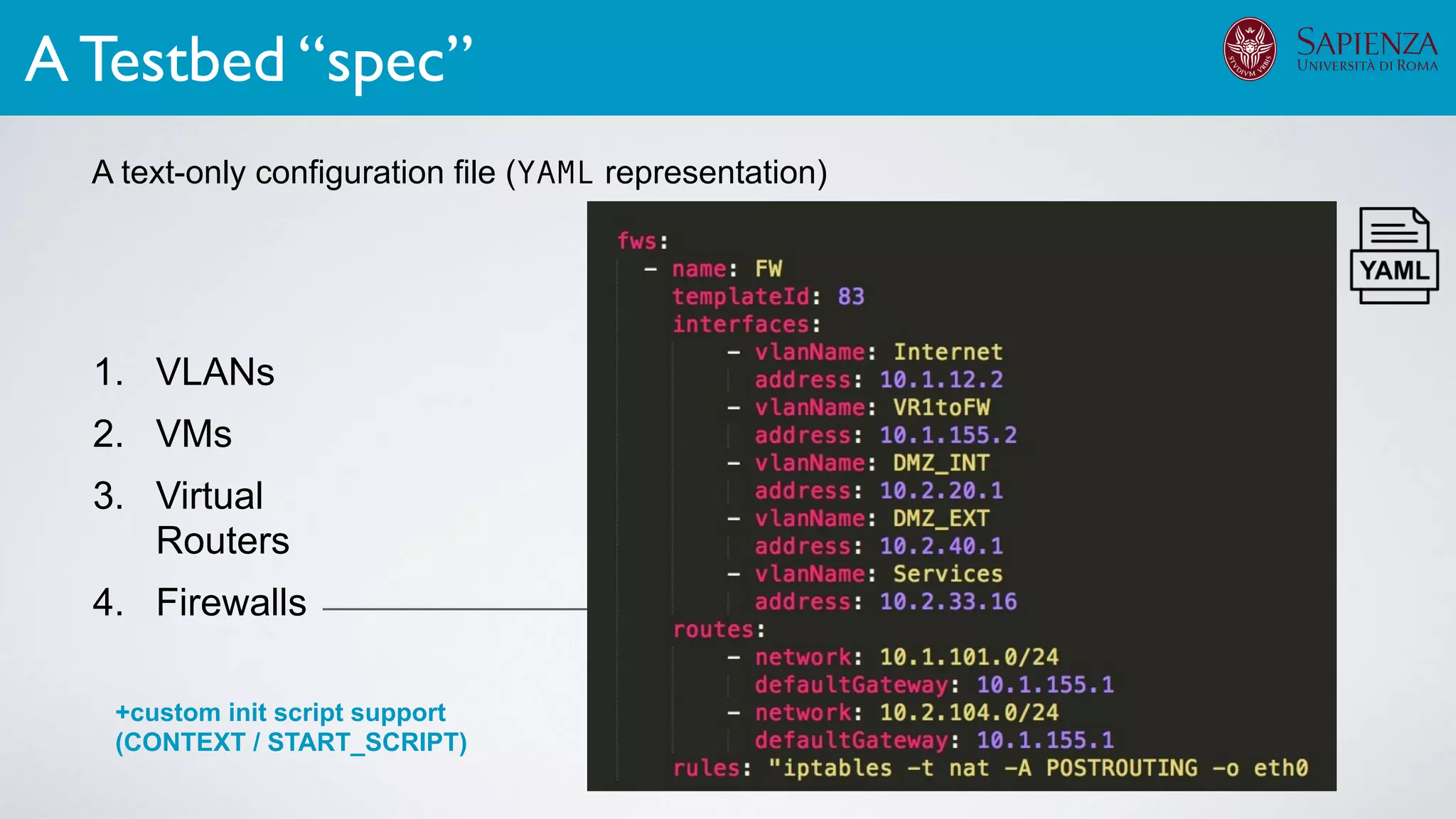 1. VLANs
2. VMs
3. Virtual
Routers
4. Firewalls
A text-only configuration file (YAML representation)
A Testbed “spec”
A text-only configuration file (YAML representation)
+custom init script support
(CONTEXT / START_SCRIPT)
Testbed
Speciﬁcation
 