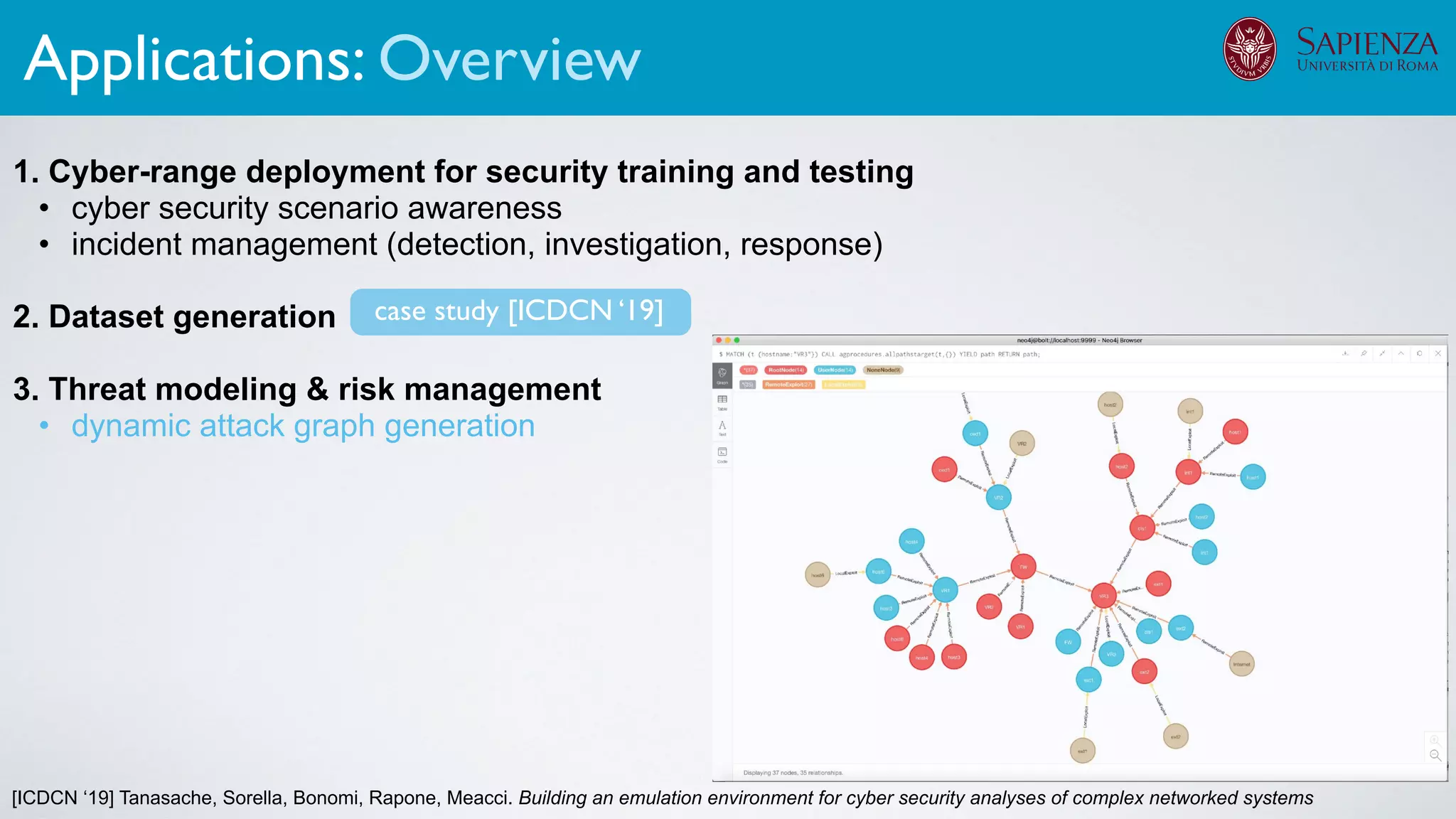 [ICDCN ‘19] Tanasache, Sorella, Bonomi, Rapone, Meacci. Building an emulation environment for cyber security analyses of complex networked systems
1. Cyber-range deployment for security training and testing
• cyber security scenario awareness
• incident management (detection, investigation, response)
2. Dataset generation
3. Threat modeling & risk management
• dynamic attack graph generation
The infrastructure can support various activities
case study [ICDCN ‘19]
Applications: Overview
 