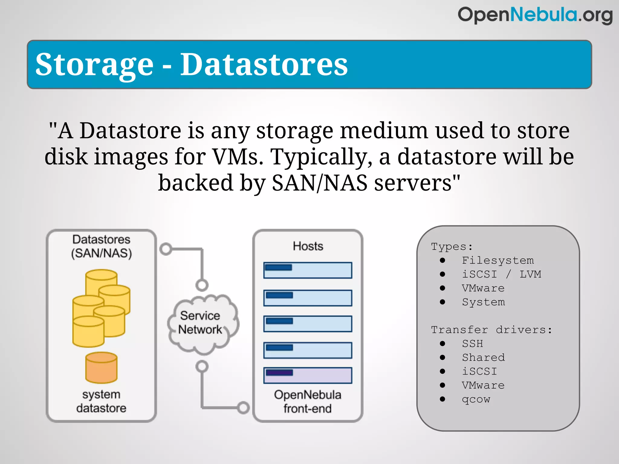 Storage - Datastores

"A Datastore is any storage medium used to store
disk images for VMs. Typically, a datastore will be
          backed by SAN/NAS servers"

                                     Types:
                                      ● Filesystem
                                      ● iSCSI / LVM
                                      ● VMware
                                      ● System

                                     Transfer drivers:
                                      ● SSH
                                      ● Shared
                                      ● iSCSI
                                      ● VMware
                                      ● qcow
 