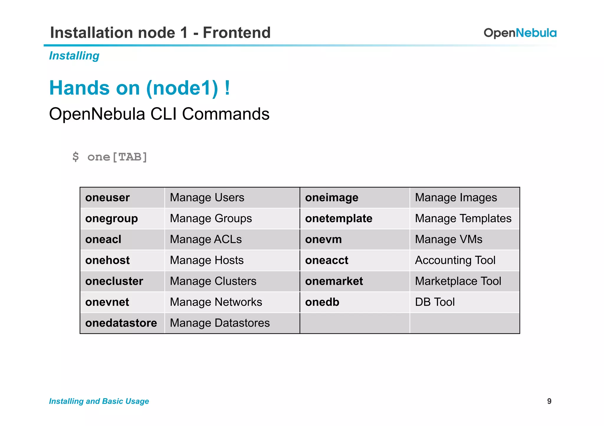 9Installing and Basic Usage
Installation node 1 - Frontend
Installing
Hands on (node1) !
OpenNebula CLI Commands
$ one[TAB]
oneuser Manage Users oneimage Manage Images
onegroup Manage Groups onetemplate Manage Templates
oneacl Manage ACLs onevm Manage VMs
onehost Manage Hosts oneacct Accounting Tool
onecluster Manage Clusters onemarket Marketplace Tool
onevnet Manage Networks onedb DB Tool
onedatastore Manage Datastores
 