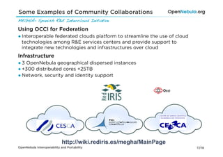 Some Examples of Community Collaborations
MEGHA– Spanish R&E Intercloud Initiative !

Using OCCI for Federation
● Interoperable federated clouds platform to streamline the use of cloud
  technologies among R&E services centers and provide support to
  integrate new technologies and infrastructures over cloud
Infrastructure
● 3 OpenNebula geographical dispersed instances
● +300 distributed cores +25TB
● Network, security and identity support




                             http://wiki.rediris.es/megha/MainPage
OpenNebula Interoperability and Portability                                17/18
 