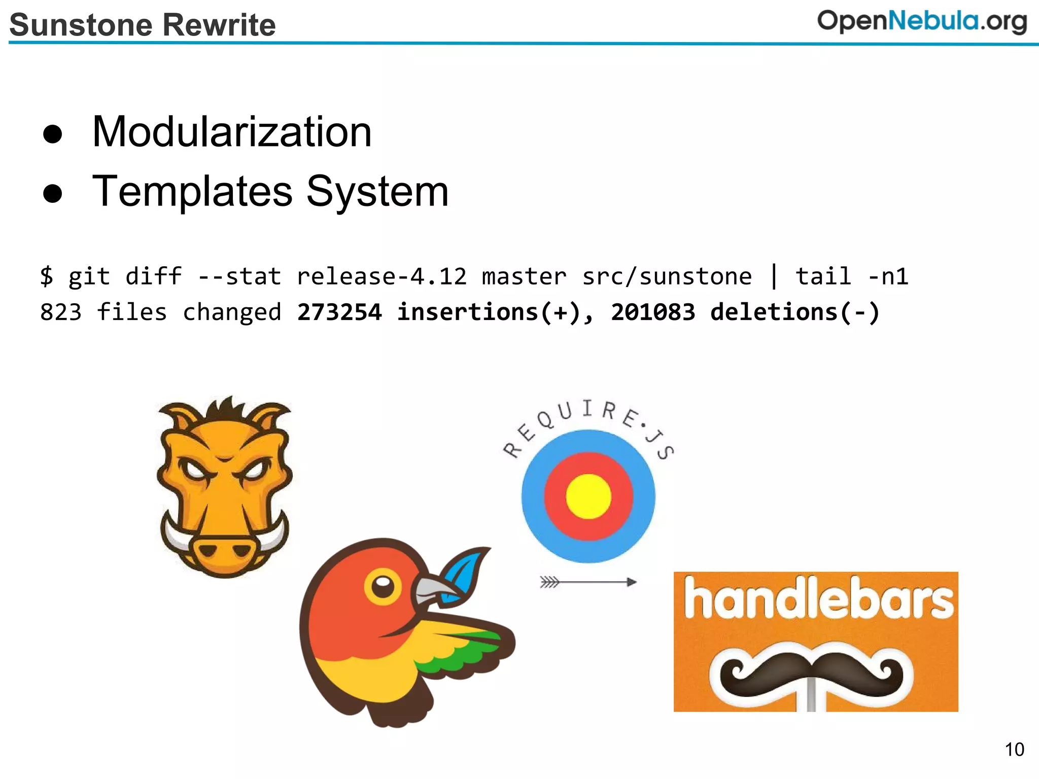 Sunstone Rewrite
● Modularization
● Templates System
$ git diff --stat release-4.12 master src/sunstone | tail -n1
823 files changed 273254 insertions(+), 201083 deletions(-)
10
 