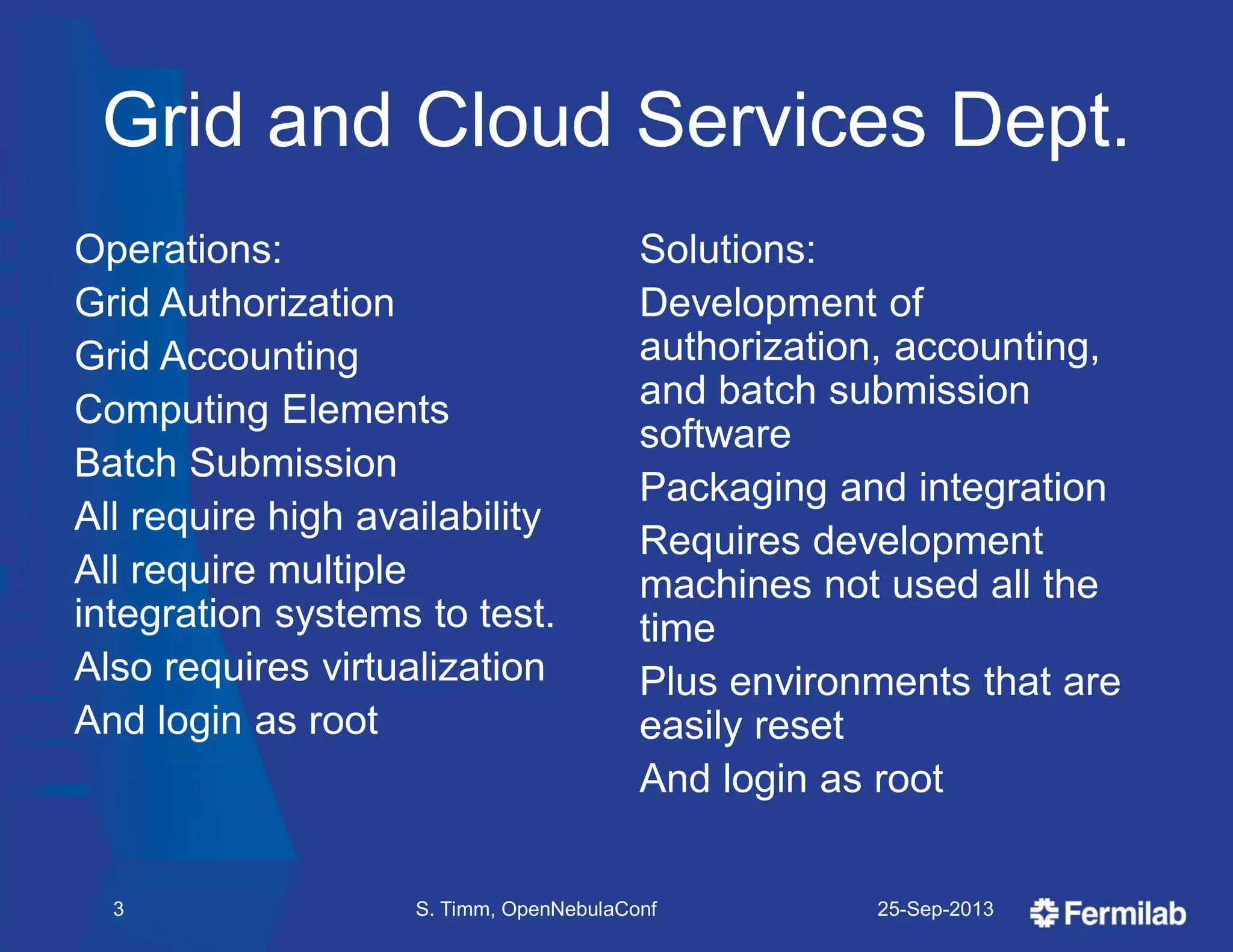 Grid and Cloud Services Dept.
Operations:
Grid Authorization
Grid Accounting
Computing Elements
Batch Submission
All require high availability
All require multiple
integration systems to test.
Also requires virtualization
And login as root
Solutions:
Development of
authorization, accounting,
and batch submission
software
Packaging and integration
Requires development
machines not used all the
time
Plus environments that are
easily reset
And login as root
25-Sep-2013S. Timm, OpenNebulaConf3
 
