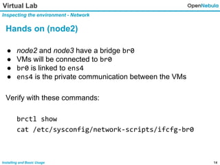 14Installing and Basic Usage
Virtual Lab
Inspecting the environment - Network
Hands on (node2)
● node2 and node3 have a bridge br0
● VMs will be connected to br0
● br0 is linked to ens4
● ens4 is the private communication between the VMs
Verify with these commands:
brctl show
cat /etc/sysconfig/network-scripts/ifcfg-br0
 