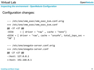17Installing and Basic Usage
Virtual Lab
Inspecting the environment - OpenNebula Configuration
Configuration changes:
--- /etc/one/vmm_exec/vmm_exec_kvm.conf.orig
+++ /etc/one/vmm_exec/vmm_exec_kvm.conf
@@ -37 +37 @@
-DISK = [ driver = "raw" , cache = "none"]
+DISK = [ driver = "raw", cache = "unsafe", total_iops_sec =
"50" ]
--- /etc/one/onegate-server.conf.orig
+++ /etc/one/onegate-server.conf
@@ -27 +27 @@
-:host: 127.0.0.1
+:host: 192.168.0.1
 