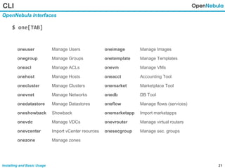 21Installing and Basic Usage
CLI
OpenNebula Interfaces
$ one[TAB]
oneuser Manage Users oneimage Manage Images
onegroup Manage Groups onetemplate Manage Templates
oneacl Manage ACLs onevm Manage VMs
onehost Manage Hosts oneacct Accounting Tool
onecluster Manage Clusters onemarket Marketplace Tool
onevnet Manage Networks onedb DB Tool
onedatastore Manage Datastores oneflow Manage flows (services)
oneshowback Showback onemarketapp Import marketapps
onevdc Manage VDCs onevrouter Manage virtual routers
onevcenter Import vCenter reources onesecgroup Manage sec. groups
onezone Manage zones
 