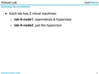 4Installing and Basic Usage
Virtual Lab
Accessing the environment
● Each lab has 2 virtual machines:
○ lab-X-node1: opennebula & hypervisor
○ lab-X-node2: just the hypervisor
 
