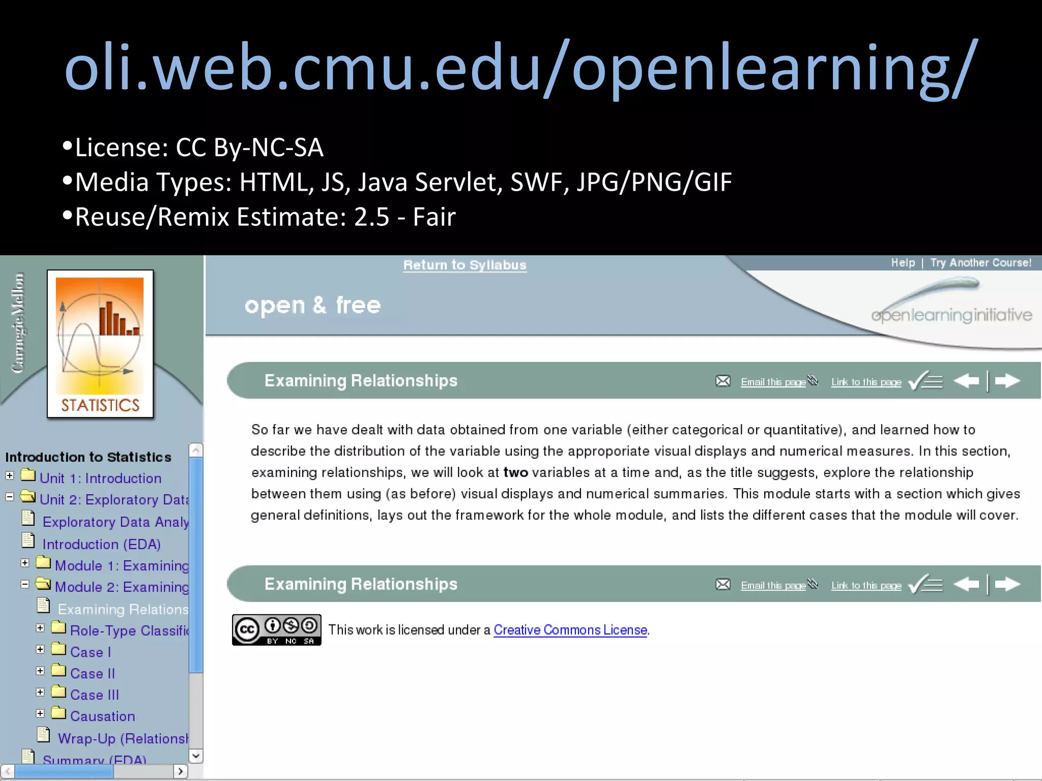 oli.web.cmu.edu/openlearning/ License: CC By-NC-SA  Media Types: HTML, JS, Java Servlet, SWF, JPG/PNG/GIF  Reuse/Remix Estimate: 2.5 - Fair 