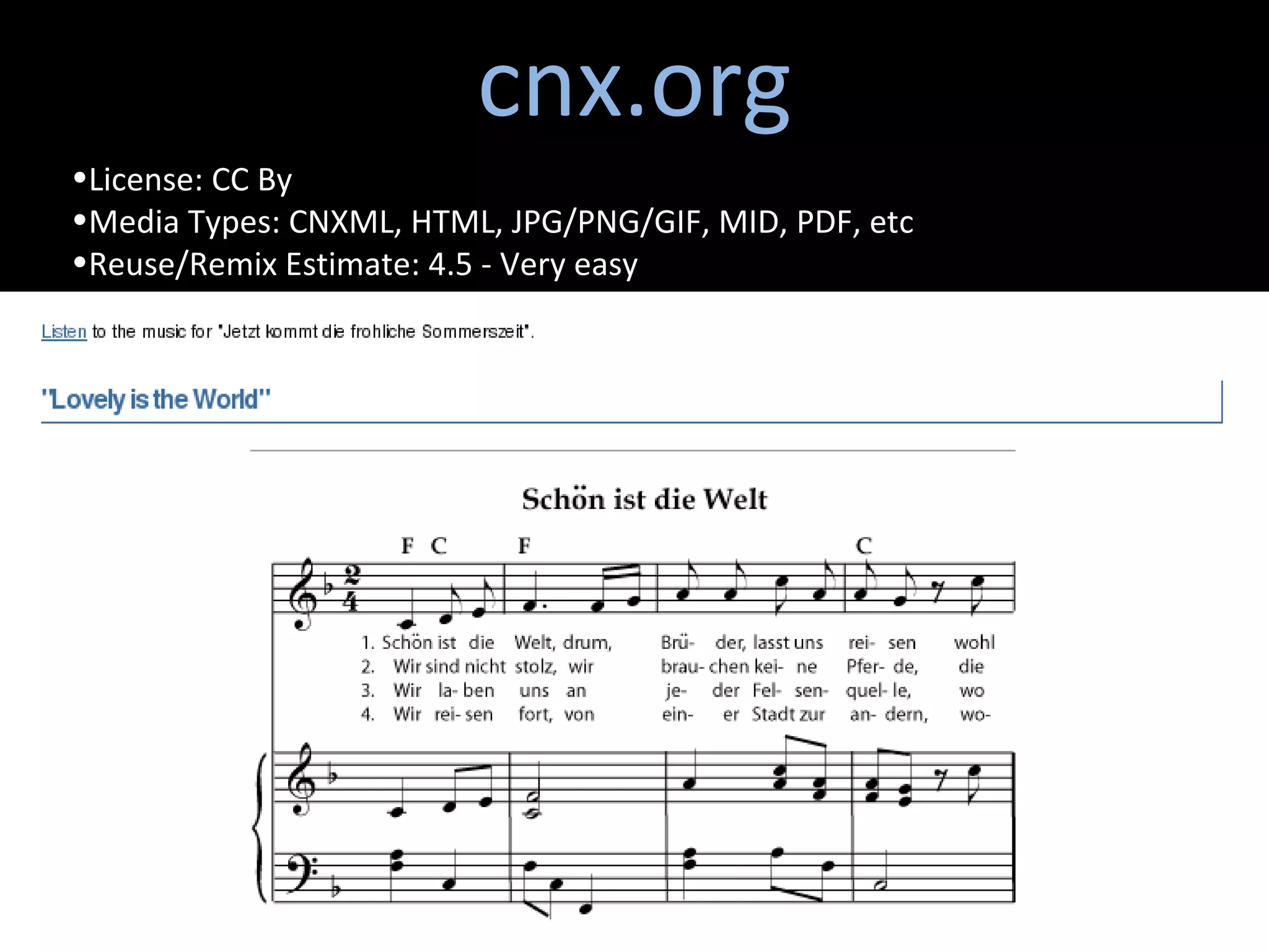 cnx.org License: CC By  Media Types: CNXML, HTML, JPG/PNG/GIF, MID, PDF, etc Reuse/Remix Estimate: 4.5 - Very easy 