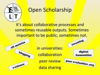 Open Scholarship
It’s about collaborative processes and
sometimes reusable outputs. Sometimes
important to be public, sometimes not.
in universities:
collaboration
peer review
data sharing
£
L T
peer evaluation .org
alt metrics
blogging
tweeting
e-science
digital
humanities
 