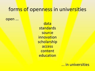 forms of openness in universities
open ...
data
standards
source
innovation
scholarship
access
content
education
... in universities
 
