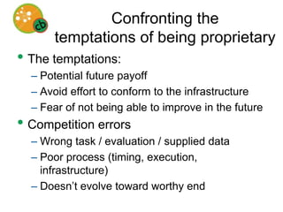 GoalsParticipation from many, previously disparate communitiesBio focused: BioCreative, BioNLP,Comp Ling: ACL Shared Tasks, CONLLNIST: TREC, TACA living, open source collection of useful, modular, repurposable, state of the art software for understanding biomedical textsMajor advances in AI