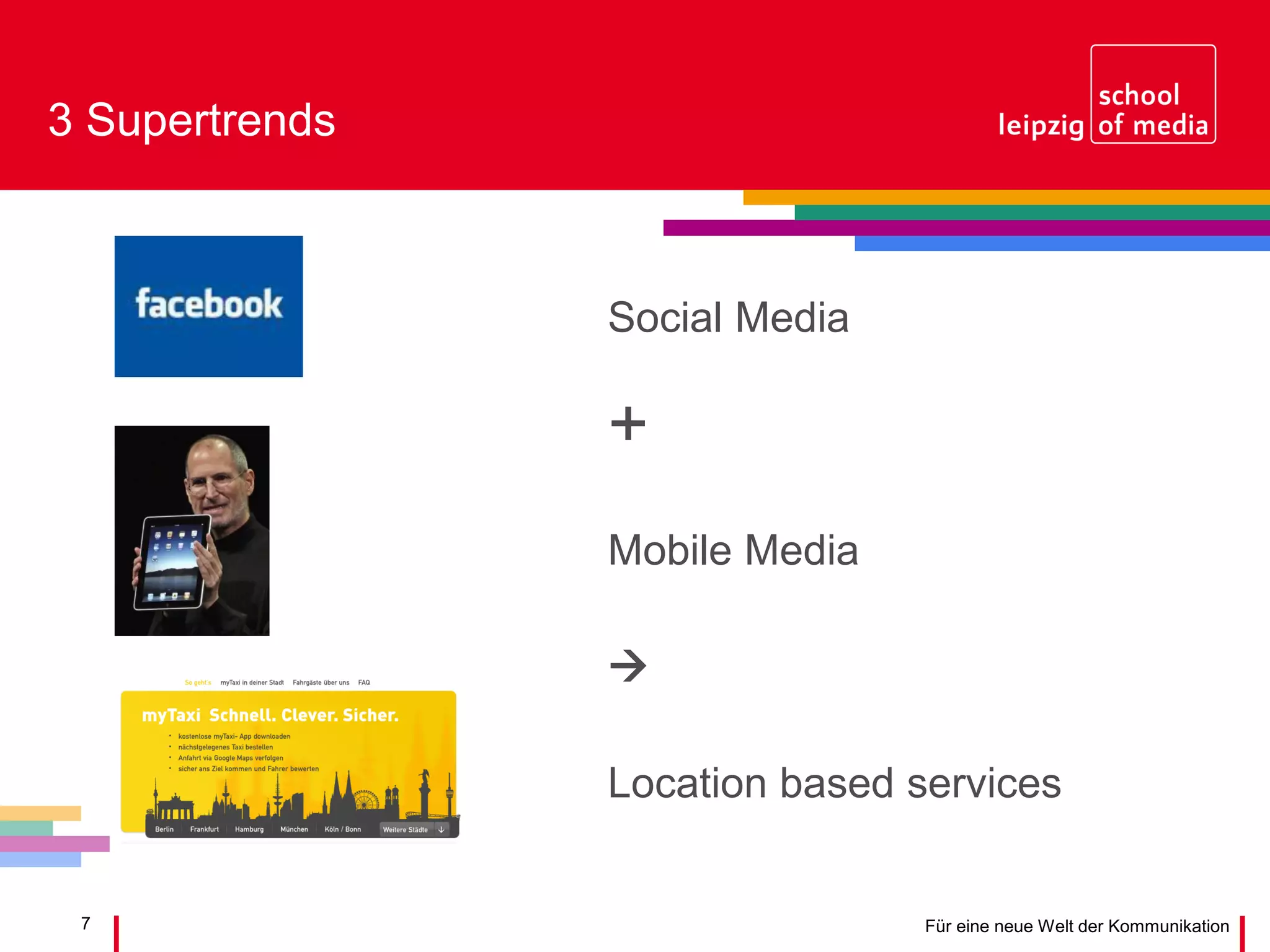 7 Für eine neue Welt der Kommunikation
3 Supertrends
Social Media
+
Mobile Media

Location based services
 