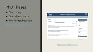 PhDTheses
■ Since 2005
■ Over 18,000 items
■ Pre-Pure publication
https://www.era.lib.ed.ac.uk
https://www.era.lib.ed.ac.uk
 