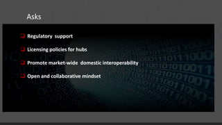 Asks
 Regulatory support
 Licensing policies for hubs
 Promote market-wide domestic interoperability
 Open and collaborative mindset
 