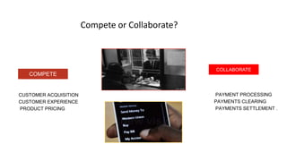  CUSTOMER ACQUISITION
 CUSTOMER EXPERIENCE
 PRODUCT PRICING
 PAYMENT PROCESSING
 PAYMENTS CLEARING
 PAYMENTS SETTLEMENT .
COLLABORATE
COMPETE
Compete or Collaborate?
 