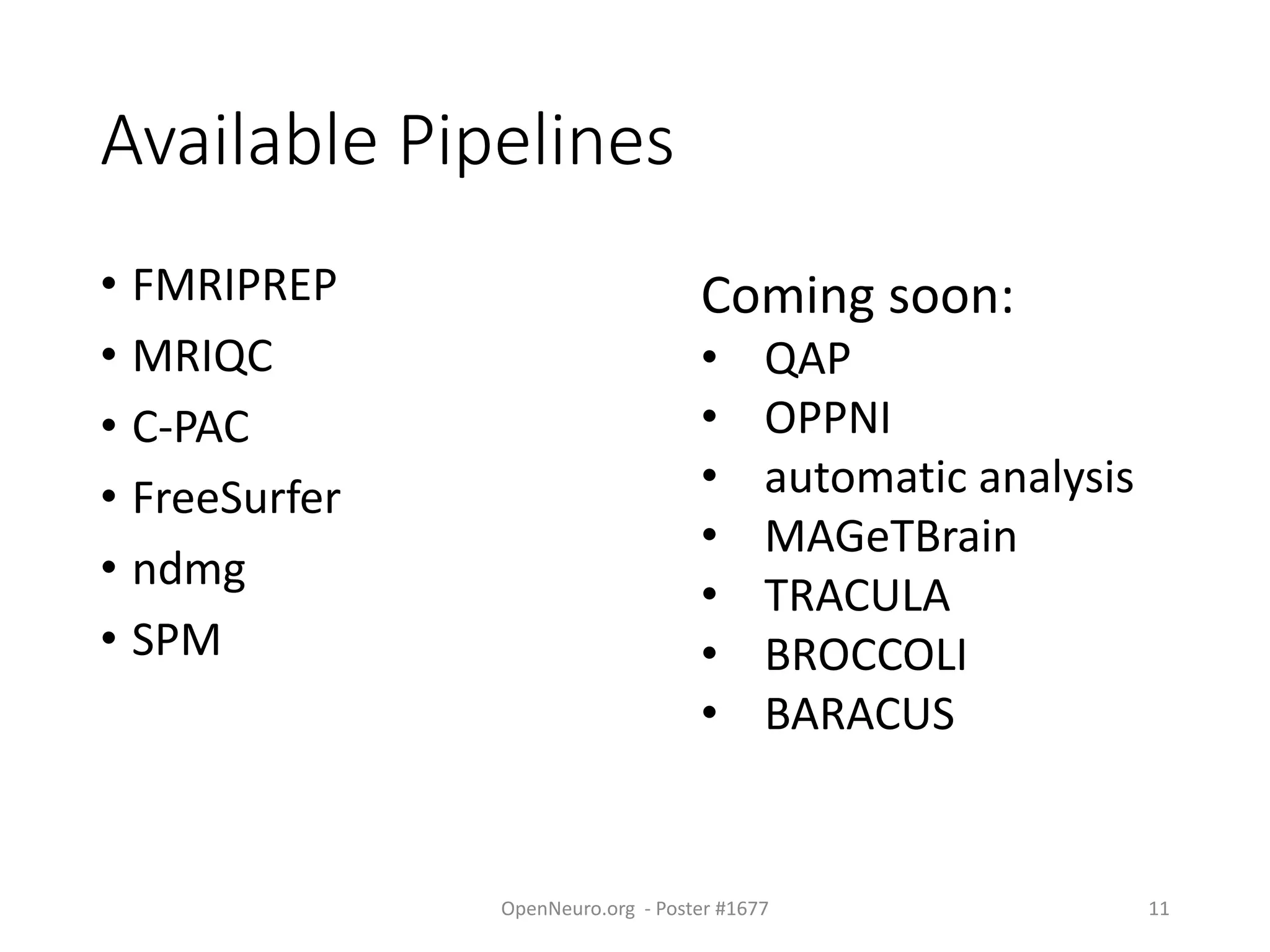Available Pipelines
• FMRIPREP
• MRIQC
• C-PAC
• FreeSurfer
• ndmg
• SPM
Coming soon:
• QAP
• OPPNI
• automatic analysis
• MAGeTBrain
• TRACULA
• BROCCOLI
• BARACUS
OpenNeuro.org - Poster #1677 11
 