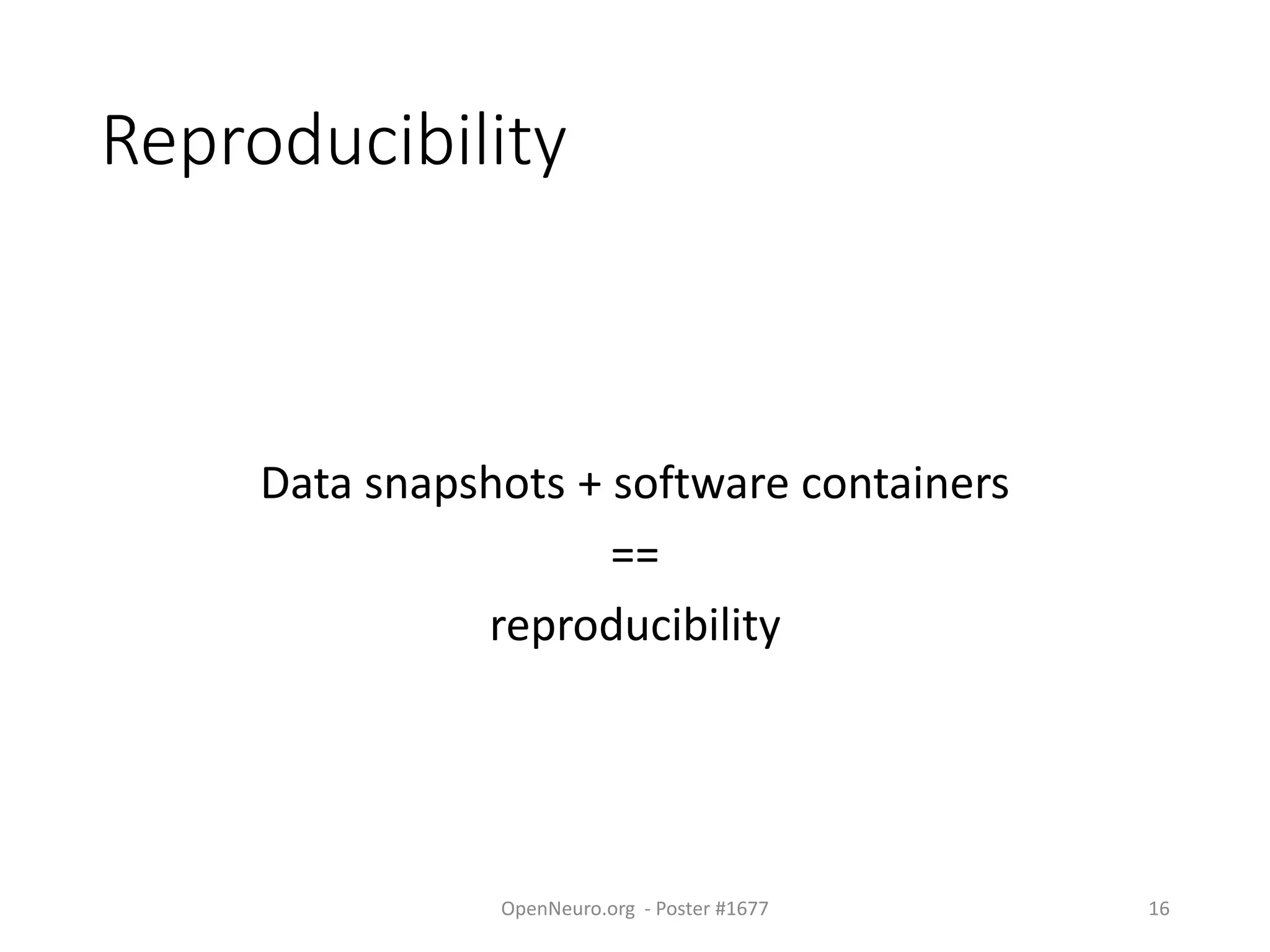 Reproducibility
Data snapshots + software containers
==
reproducibility
OpenNeuro.org - Poster #1677 16
 