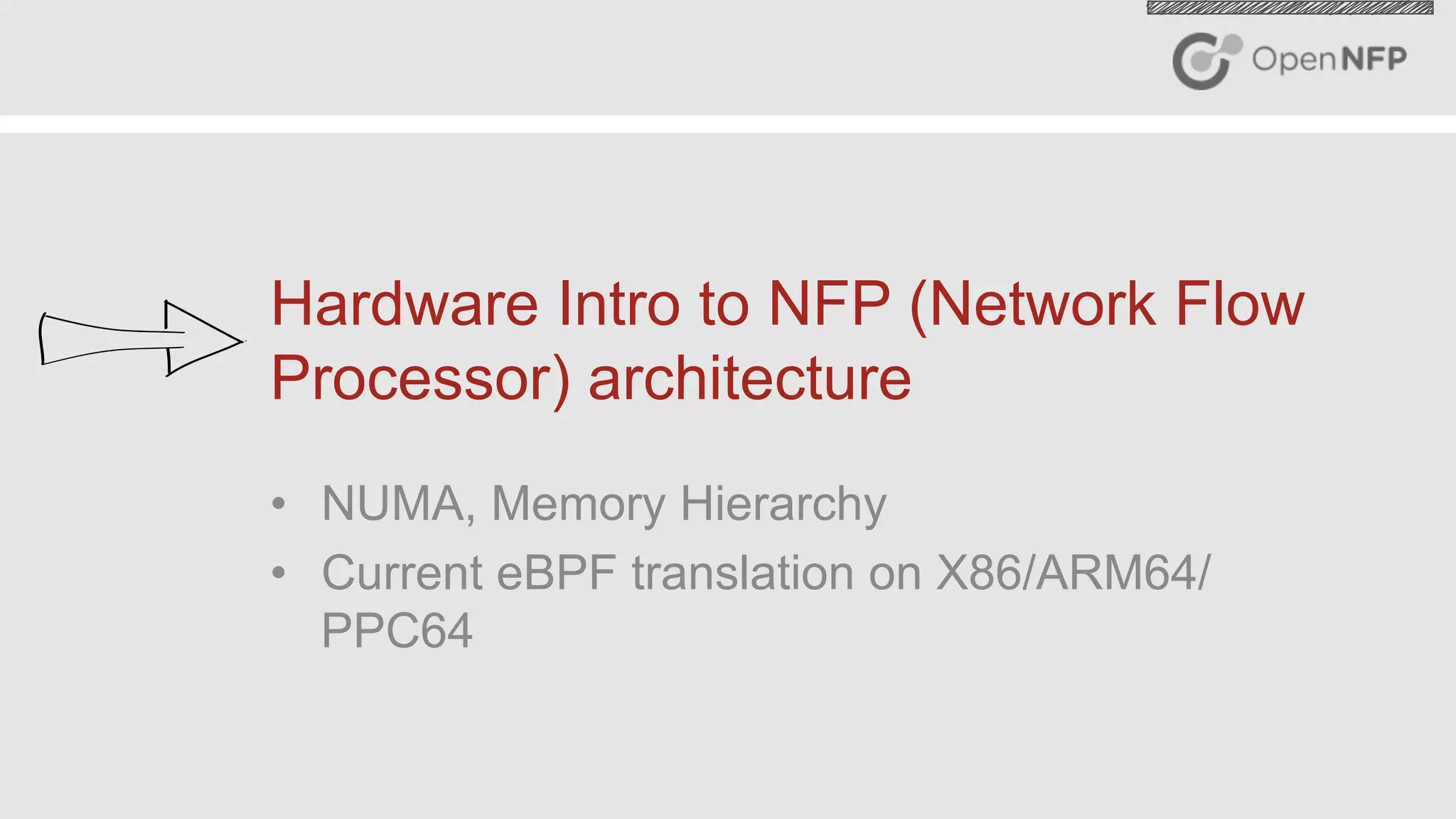 14©2016 Open-NFP
Hardware Intro to NFP (Network Flow
Processor) architecture
•  NUMA, Memory Hierarchy
•  Current eBPF translation on X86/ARM64/
PPC64
 