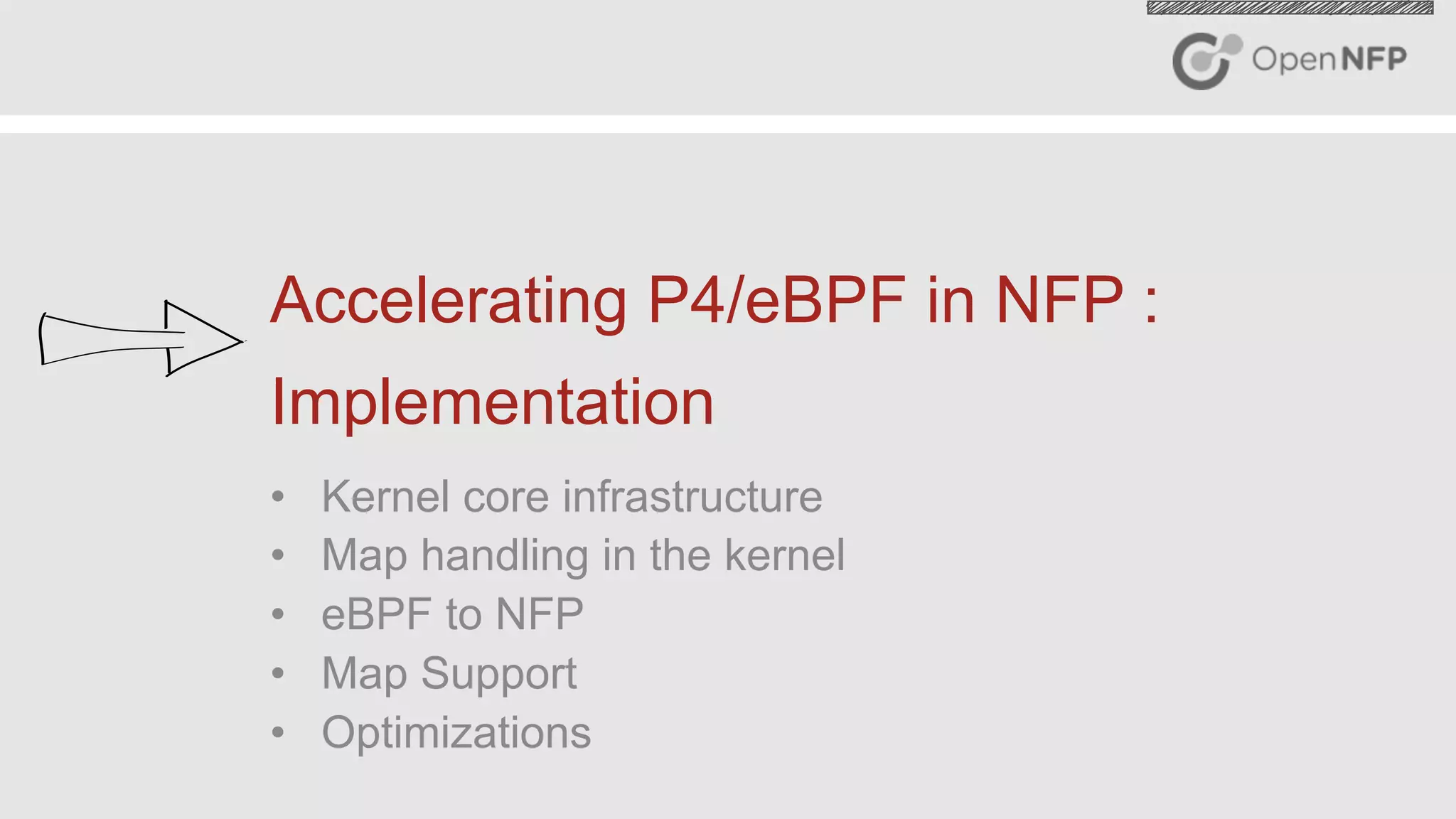 19©2016 Open-NFP
Accelerating P4/eBPF in NFP :
Implementation
•  Kernel core infrastructure
•  Map handling in the kernel
•  eBPF to NFP
•  Map Support
•  Optimizations
 