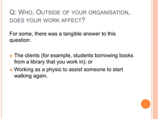 Q: Who, Outside of your organisation, does your work affect?For some, there was a tangible answer to this question:The clients (for example, students borrowing books from a library that you work in); orWorking as a physio to assist someone to start walking again.But for others, it was very hard to answer this question. Who is really affected by your work when you are deep in the middle of an organisation?