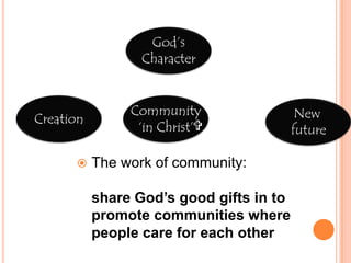 God’sCharacterCommunity‘in Christ’CreationNew futureFall / ‘Flesh’ :disordered desires false belonginge.g. verses about sharingCommandsto offset obsession withfulfilment, reputation, consumption