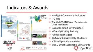 Indicators & Awards
Intelligent Community Indicators
ITU KPIs
The UNECE–ITU Smart Sustainable
Cities Indicators
European Smart City Indicators
IoT Analytics City Ranking
Public Sector Digest
IBM Award Smarter City Challenge
ICF Intelligent Communities
WeGO Smart Sustainable City Awards
 