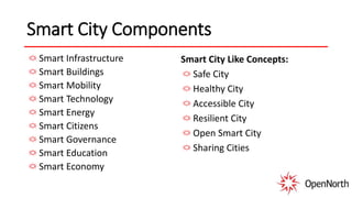 Smart City Components
Smart Infrastructure
Smart Buildings
Smart Mobility
Smart Technology
Smart Energy
Smart Citizens
Smart Governance
Smart Education
Smart Economy
Smart City Like Concepts:
Safe City
Healthy City
Accessible City
Resilient City
Open Smart City
Sharing Cities
 
