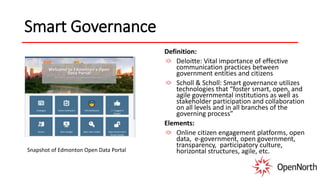 Smart Governance
Definition:
Deloitte: Vital importance of effective
communication practices between
government entities and citizens
Scholl & Scholl: Smart governance utilizes
technologies that “foster smart, open, and
agile governmental institutions as well as
stakeholder participation and collaboration
on all levels and in all branches of the
governing process”
Elements:
Online citizen engagement platforms, open
data, e-government, open government,
transparency, participatory culture,
horizontal structures, agile, etc.Snapshot of Edmonton Open Data Portal
 